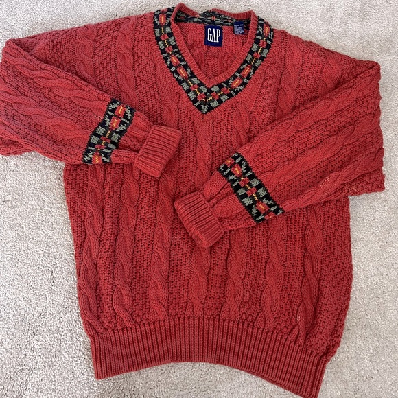 GAP Sweaters - 90s GAP Chunky Cable Knit Patterned Pullover V-Neck Sweater